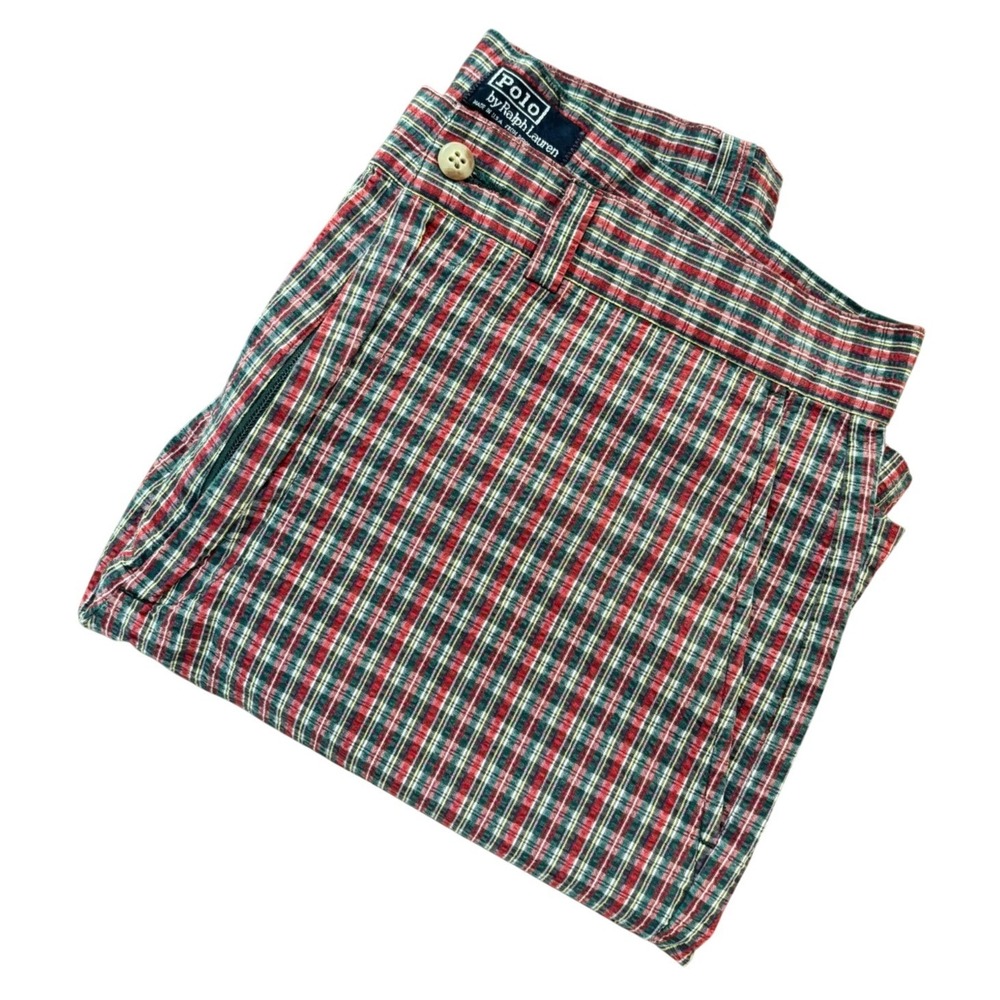 Polo Ralph Lauren Mens‎ Seersucker Plaid Shorts Red Green Navy Blue Vintage USA